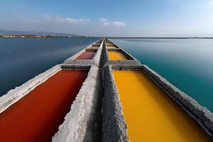 Vibrant color pools reflect the sky at a salt flat during a sunny day photo