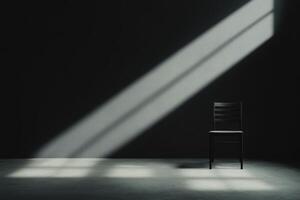 Light and shadow interplay on a lonely chair in a dark room photo