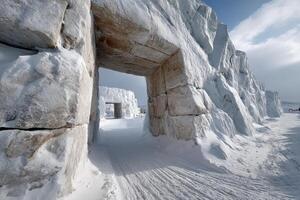 Snow-covered stone structure with a passage in a winter landscape near a frozen lake photo