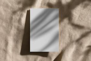 Minimalist composition featuring blank card on soft textile background with shadow play photo