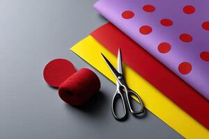 Colorful layered paper cut shapes and scissors arranged for creative crafting activities indoors photo