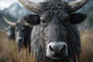 Herd of yak grazing in the highland meadows with mountains in the background photo