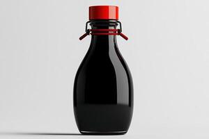 Unique black bottle with red cap displayed on a simple background photo