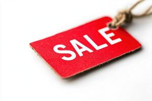 Bright red sale tag with bold white text showcased on a clean surface photo
