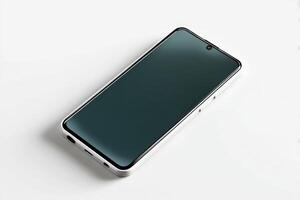 Modern smartphone placed on a clean surface with a sleek design and minimalistic look photo