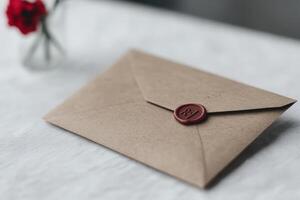 Beautifully sealed envelope on a soft white fabric surface with a small flower nearby photo