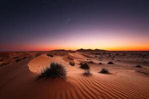 Stunning desert landscape at twilight with smooth sands and gentle vegetation photo