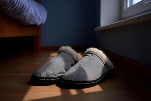 Cozy slippers resting on wooden floor in a softly lit room next to a bed photo