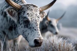 Spotted cattle grazing in a frosty landscape during early morning hours photo