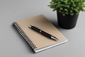 Explore creativity with a kraft paper notebook and black pen placed alongside a small plant photo