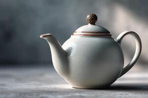 Elegant ceramic teapot displayed on a smooth surface with soft lighting in the background photo