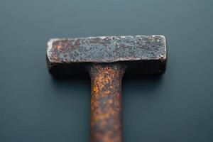 Rusty hammer resting on a dark surface highlighting tool wear and texture details photo
