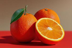 Perfectly cut orange halves displayed beside whole oranges on a vibrant red surface photo