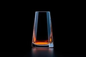 Crystal glass filled with amber liquid illuminated against a black background photo