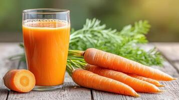 Freshly squeezed carrot juice served with fresh carrots on a rustic wooden table photo