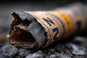Torn and weathered newspaper lies on gravel surface in an outdoor setting photo