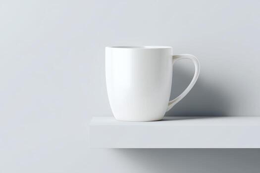 White mug resting on a simple shelf against a light gray background photo