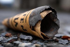 Crumbled paper cone resting on gravel with faded text during overcast day photo
