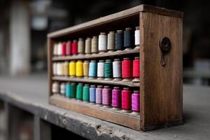 Colorful spools organized in a wooden thread cabinet on a rustic table photo