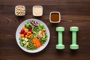Colorful Salad and Kitchen Tools on Warm Wooden Table Rustic Meal Setting photo