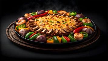 Photorealistic Food Photography of Mixed Grill with Cheese and Roasted Veggies photo