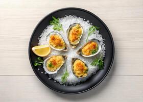 Creative Shellfish Serving with Orange Topping and Leaf Garnish Styled for Chefs and Brands photo