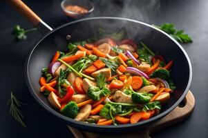 Freshly Cooked Stir Fry with Vegetables and Chicken in a Stainless Pan photo
