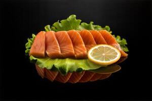 Gourmet Salmon Sashimi Closeup with Lettuce and Lemon on Elegant Black Background photo