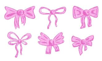 Set of pink coquette bow with ribbon drawn with crayon pencil texture vector