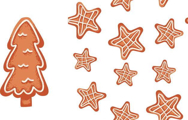Set of gingerbread star cookie seamless pattern and Christmas tree. Print for holiday pajama