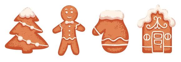 Set of Christmas gingerbread cookie in different shape with icing and grainy texture in flat style vector
