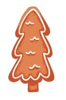 Gingerbread cookie in shape of Christmas tree decorated with white icing vector
