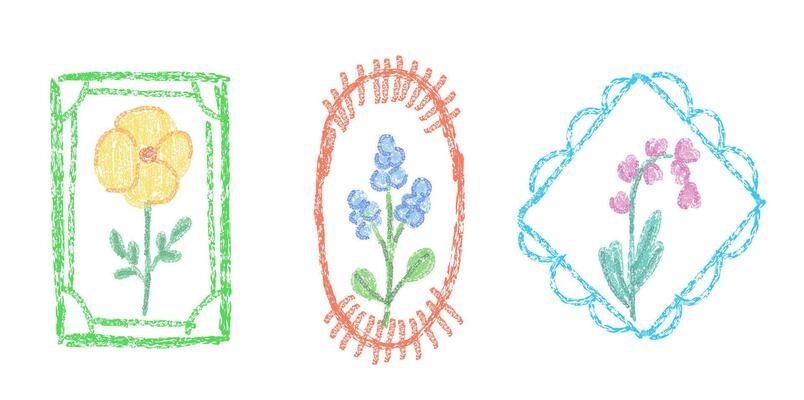Vintage frames and flowerrs drawn with crayon or chalk pencil texture