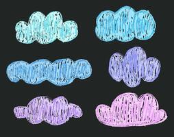 Set of clouds drawn with wax or crayon pencil on chalkboard vector