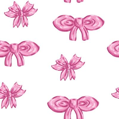 Coquette seamless pattern of pink watercolor bow and ribbon