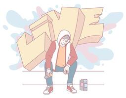 A dynamic urban youth with a microphone in a vibrant graffiti setting, showcasing street culture vector