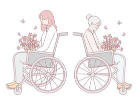 Two Individuals in Wheelchairs Surrounded by Beautiful Flowers and Natures Splendor vector