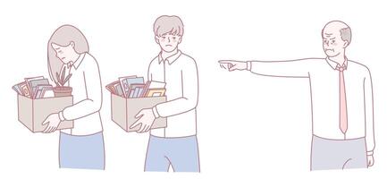 An illustration of an employee carrying boxes, symbolizing dismissal and emotions like anxiety vector