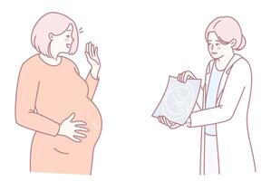 A pregnant woman and her doctor are discussing the results of an ultrasound examination vector