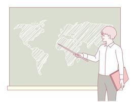 A teacher is presenting a world map to a group of attentive students in a classroom setting vector