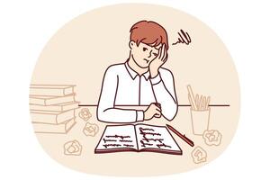 Thinking little schoolboy does homework sitting at table with books and workbook vector