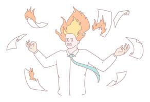 An Overwhelmed Businessman Surrounded by Flames and Chaos in a Challenging Situation vector