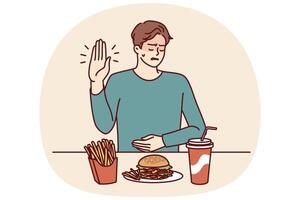 Man suffering from gastritis refuses fast food that causes pain in abdomen on advice of nutritionist vector