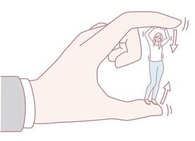 The Concept of Control A Hand Manipulating a Tiny Person Illustrates Authority and Power Dynamics vector