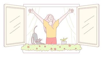 A Joyful and Blissful Morning with My Beloved Pet Sitting by the Window, Enjoying Life vector