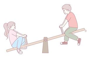 A group of children joyfully playing together on a colorful seesaw in a vibrant playground vector