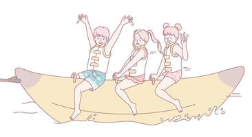 Three Friends Are Enjoying a Delightful Fun Day on a Colorful Banana Boat at the Beach vector