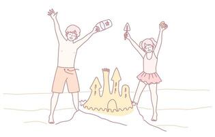 Joyful Children Enthusiastically Building a Colorful Sandcastle at the Beach with Smiles vector