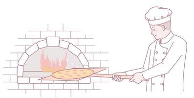 An experienced chef is preparing and baking a delicious pizza in a traditional oven vector