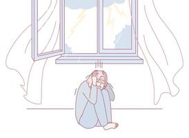 This is an illustration depicting a person who is feeling anxious and fearful during a storm vector